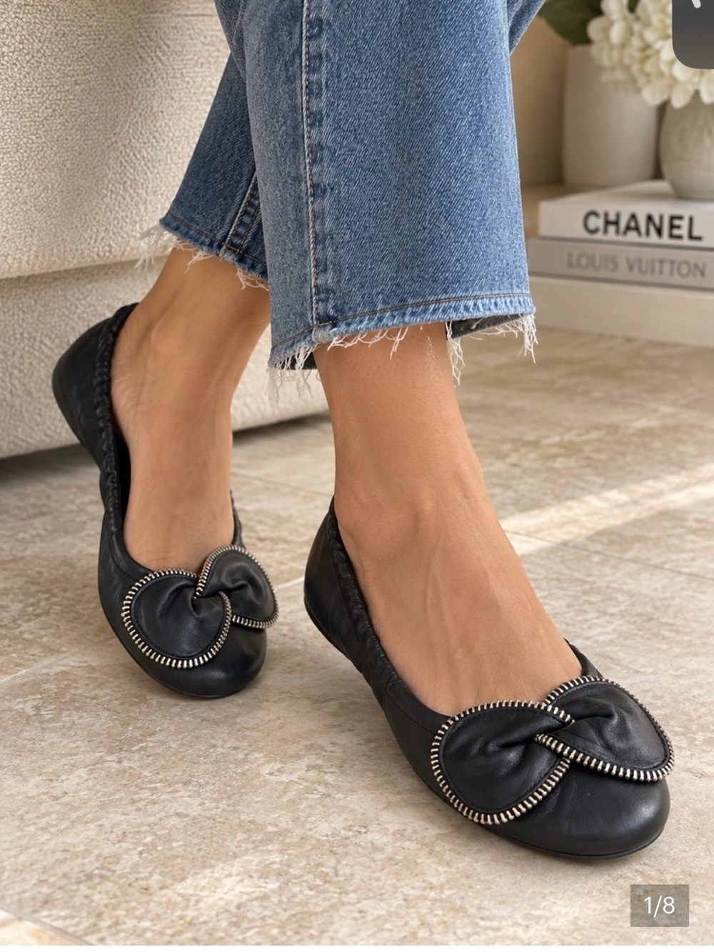 See By Chloe Zipper Bow Black Leather Ballet Flats